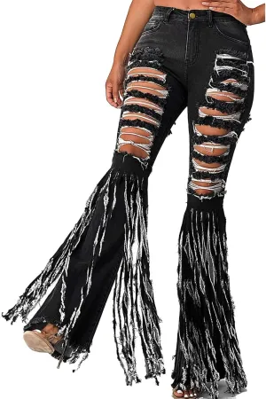 SMIDOW Women's Floor Length Raw Hem Ripped Jeans High Waisted Distressed Jeans Curvy Slim Fit Flare Bell Bottom Jeans