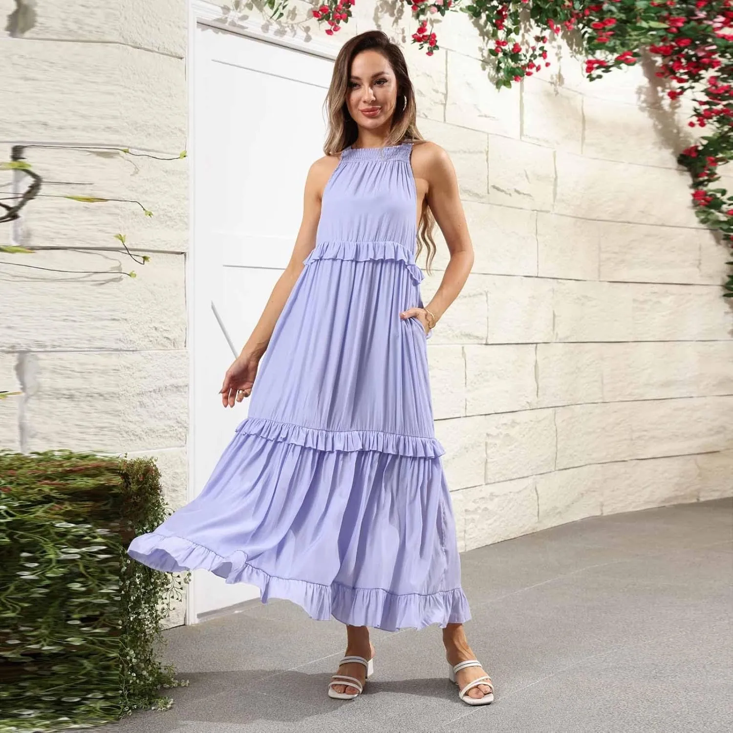 Smocked Dress for Women Summer Sleeveless Tank Dress Halter Tie Back Loose Flowy Ruffle Tiered Maxi Dresses