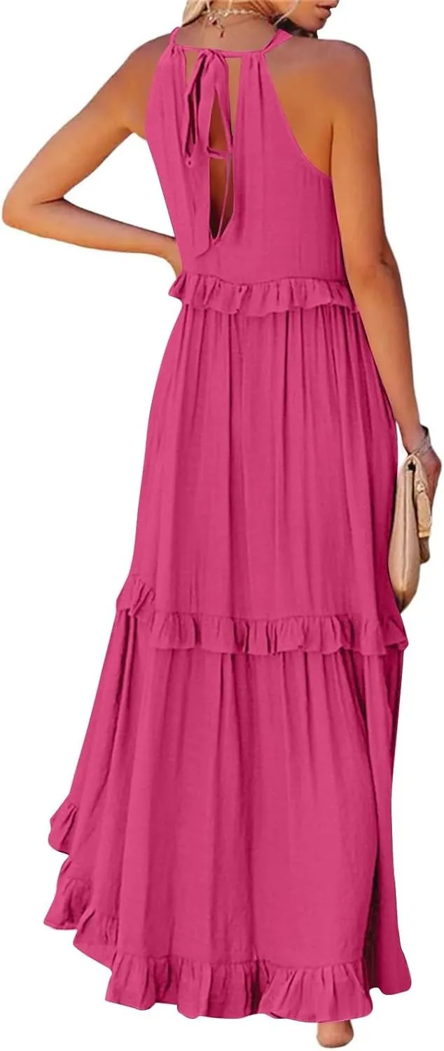 Smocked Dress for Women Summer Sleeveless Tank Dress Halter Tie Back Loose Flowy Ruffle Tiered Maxi Dresses