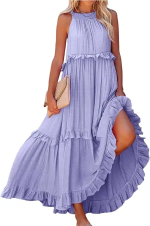 Smocked Dress for Women Summer Sleeveless Tank Dress Halter Tie Back Loose Flowy Ruffle Tiered Maxi Dresses