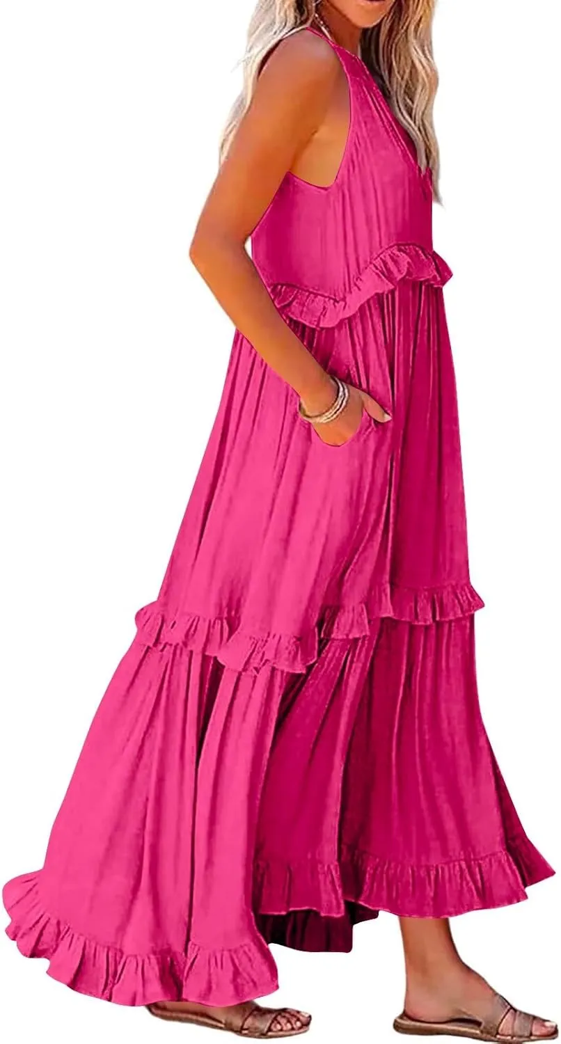 Smocked Dress for Women Summer Sleeveless Tank Dress Halter Tie Back Loose Flowy Ruffle Tiered Maxi Dresses