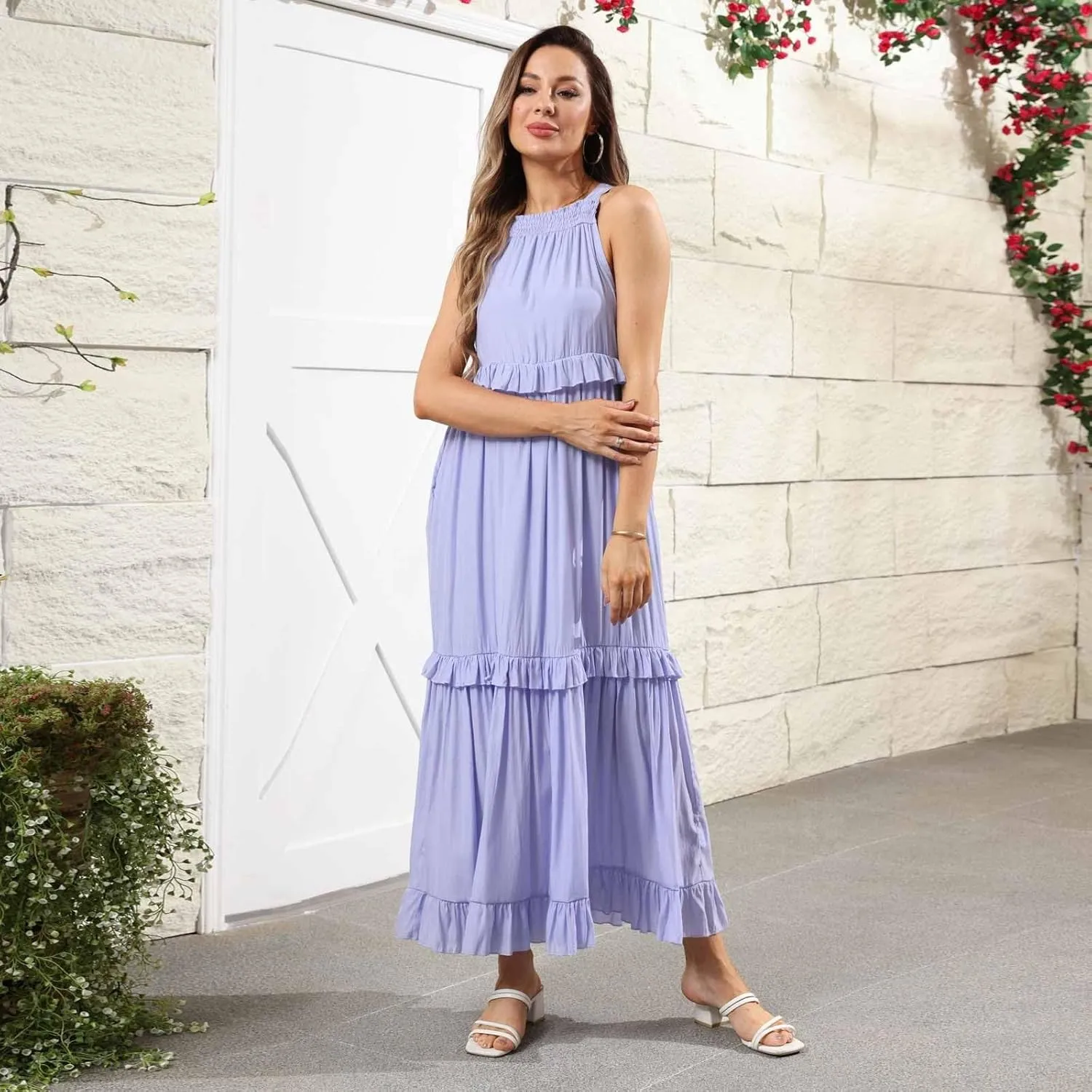 Smocked Dress for Women Summer Sleeveless Tank Dress Halter Tie Back Loose Flowy Ruffle Tiered Maxi Dresses