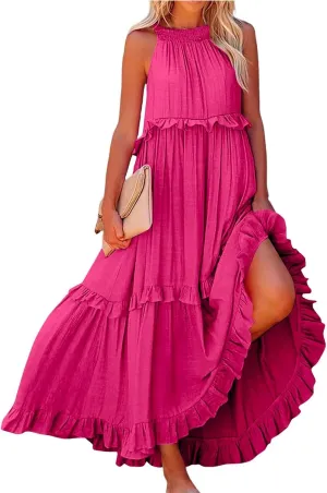 Smocked Dress for Women Summer Sleeveless Tank Dress Halter Tie Back Loose Flowy Ruffle Tiered Maxi Dresses