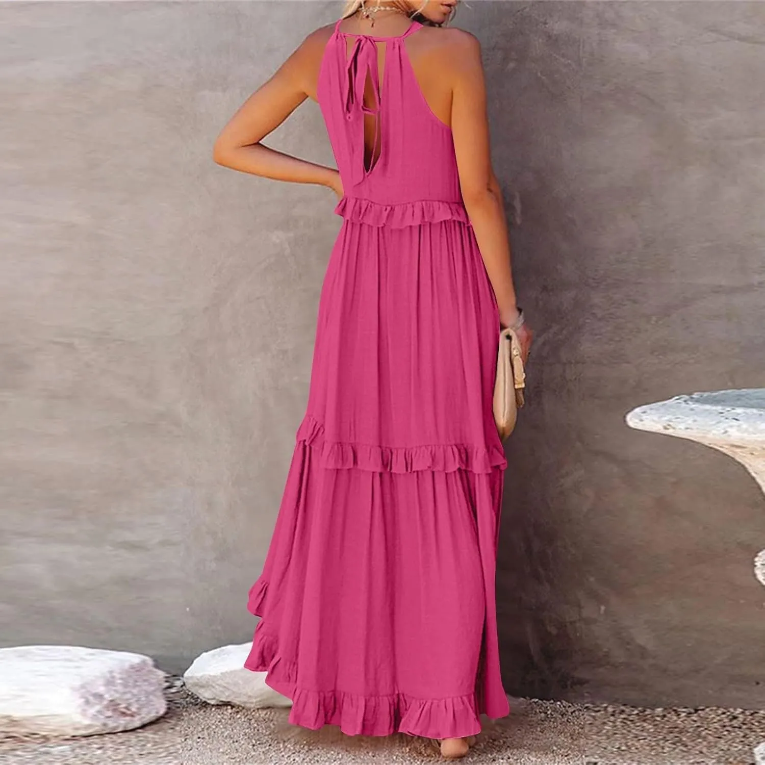 Smocked Dress for Women Summer Sleeveless Tank Dress Halter Tie Back Loose Flowy Ruffle Tiered Maxi Dresses