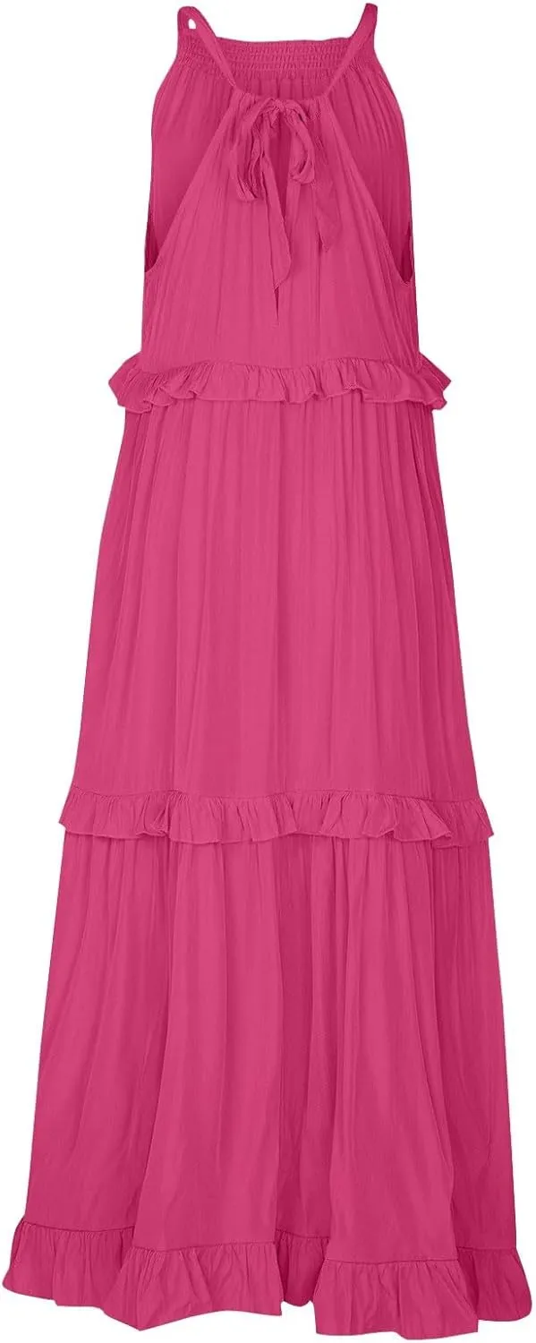 Smocked Dress for Women Summer Sleeveless Tank Dress Halter Tie Back Loose Flowy Ruffle Tiered Maxi Dresses