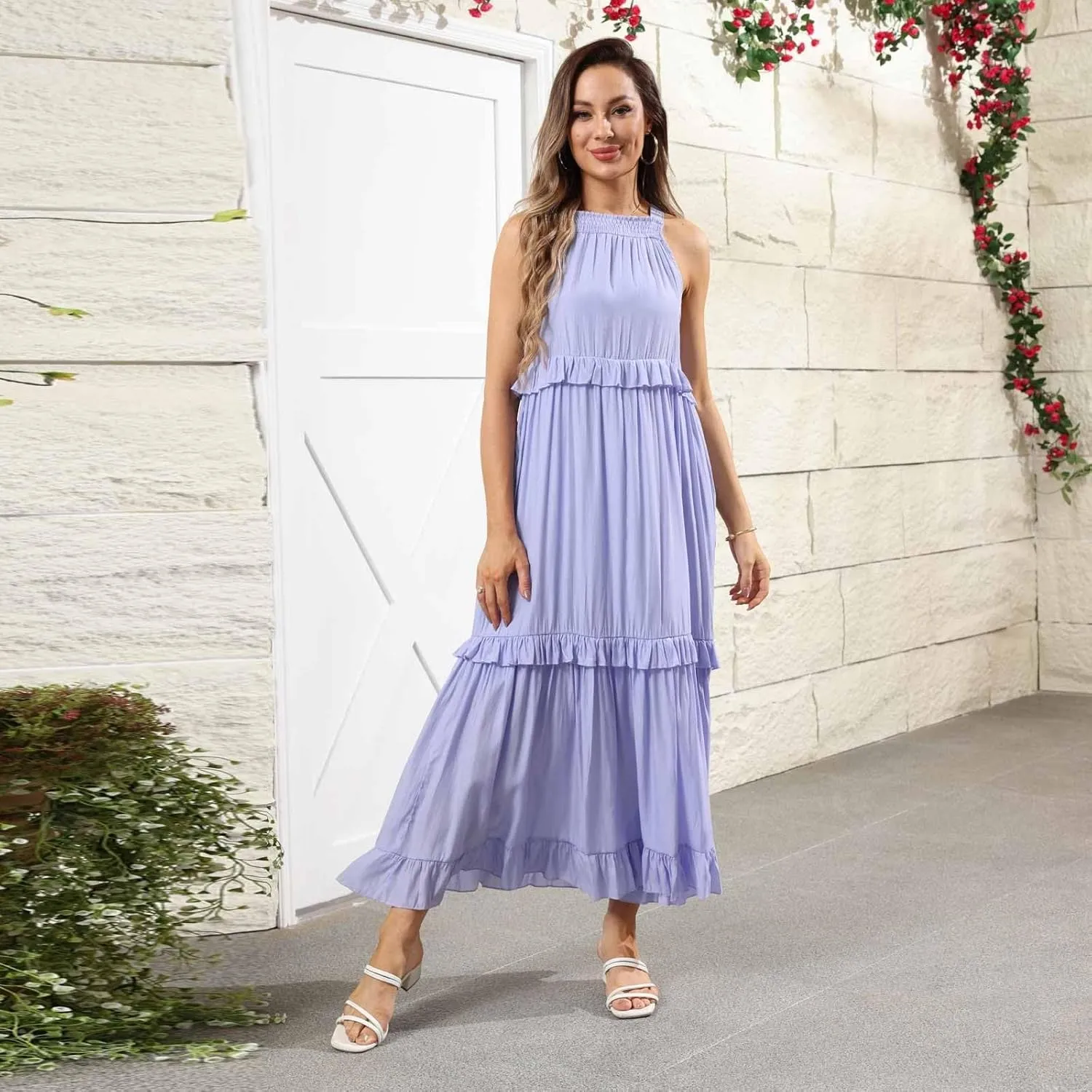 Smocked Dress for Women Summer Sleeveless Tank Dress Halter Tie Back Loose Flowy Ruffle Tiered Maxi Dresses