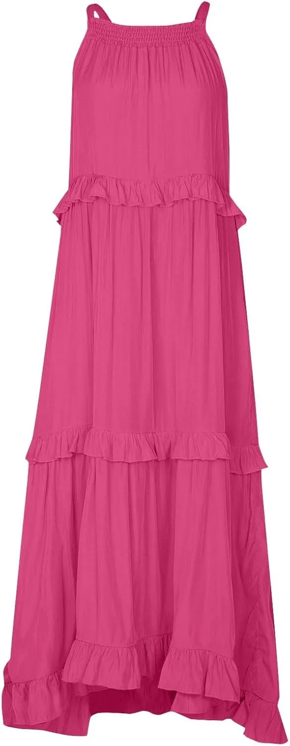 Smocked Dress for Women Summer Sleeveless Tank Dress Halter Tie Back Loose Flowy Ruffle Tiered Maxi Dresses