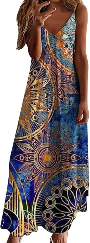 Spaghetti Strap Maxi Dress Sunflower Printed V Neck Casual Dress Plus Size Flowy Clothes for Women