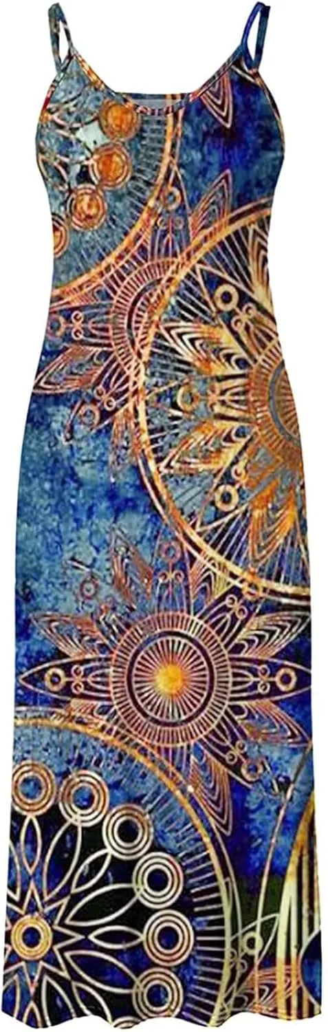 Spaghetti Strap Maxi Dress Sunflower Printed V Neck Casual Dress Plus Size Flowy Clothes for Women