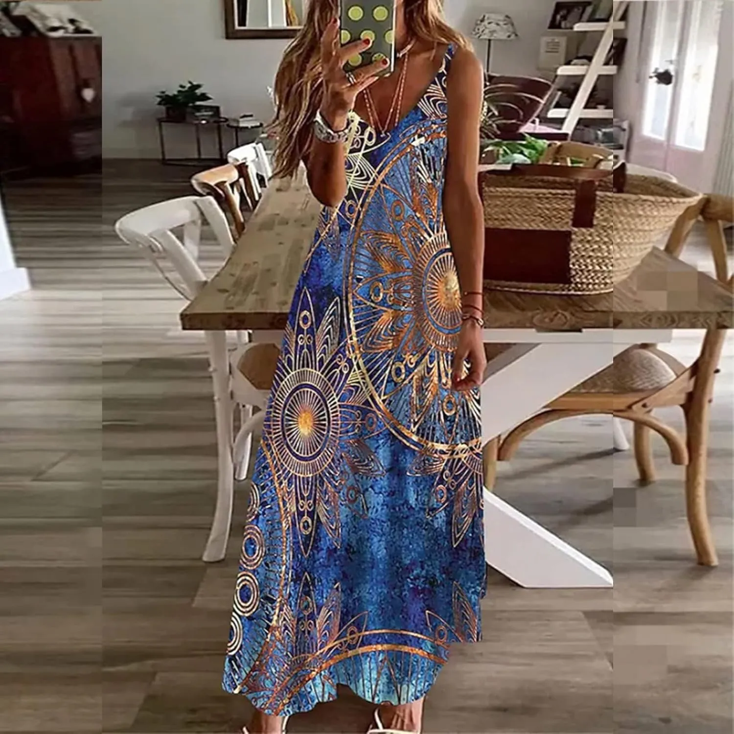 Spaghetti Strap Maxi Dress Sunflower Printed V Neck Casual Dress Plus Size Flowy Clothes for Women