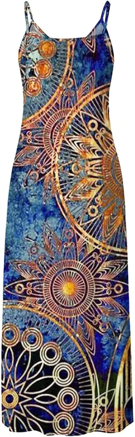 Spaghetti Strap Maxi Dress Sunflower Printed V Neck Casual Dress Plus Size Flowy Clothes for Women