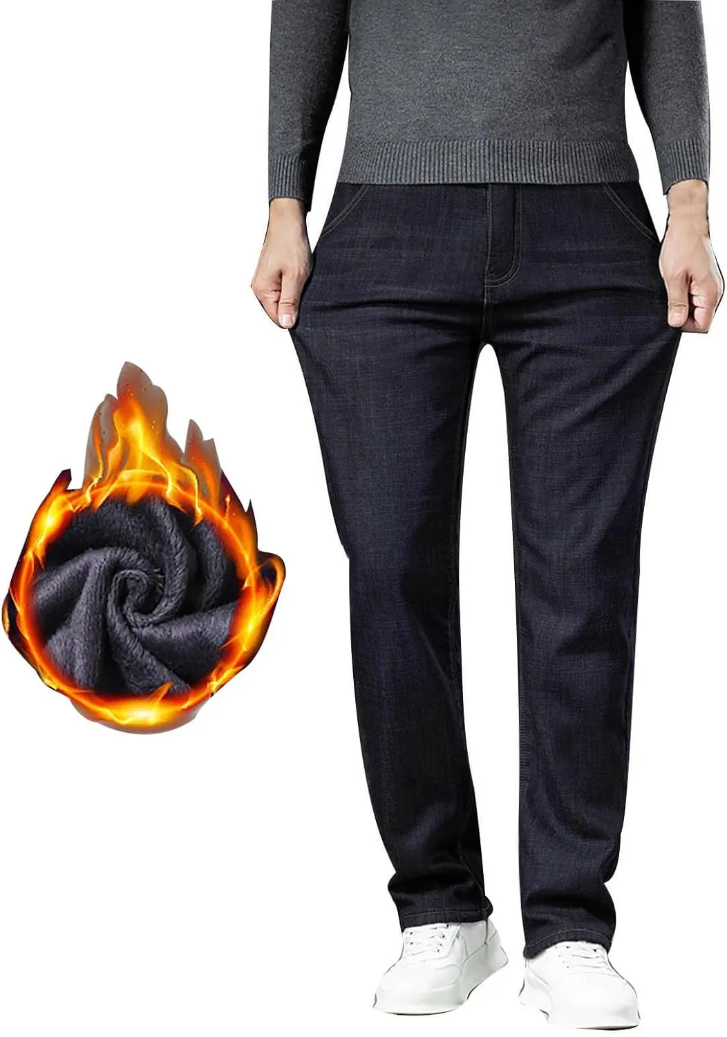 Stretch Jeans Mens Relaxed Fit Fleece Lined Buckle Winter Denim Pants Outdoor Warm Work Jeans
