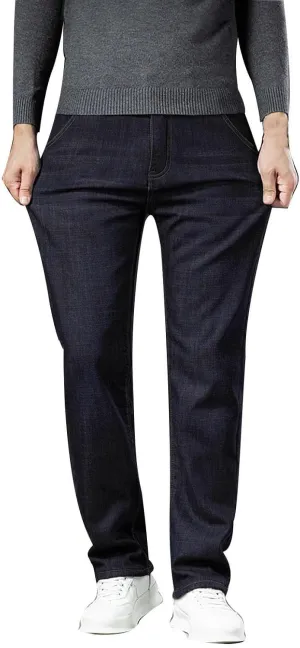 Stretch Jeans Mens Relaxed Fit Fleece Lined Buckle Winter Denim Pants Outdoor Warm Work Jeans