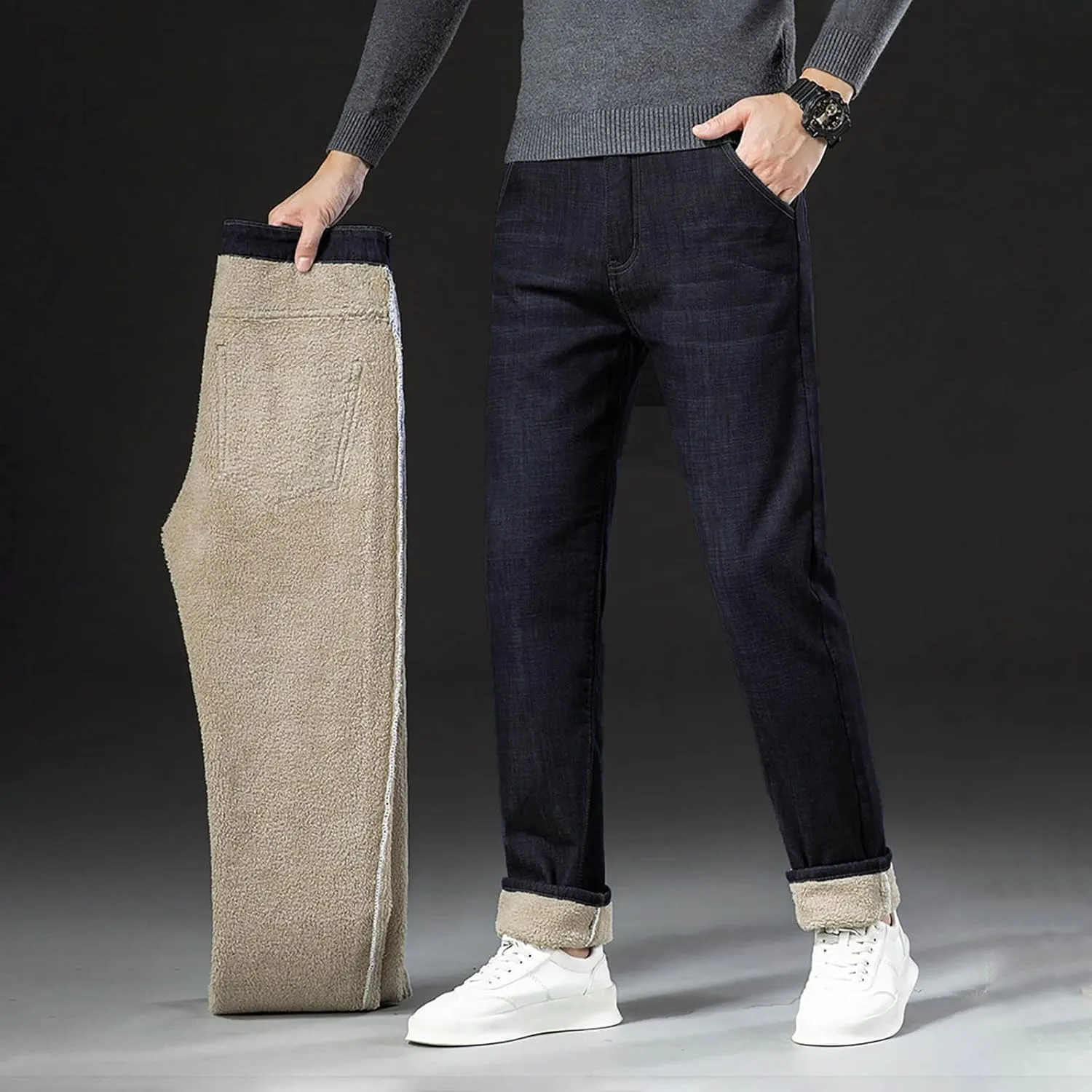 Stretch Jeans Mens Relaxed Fit Fleece Lined Buckle Winter Denim Pants Outdoor Warm Work Jeans