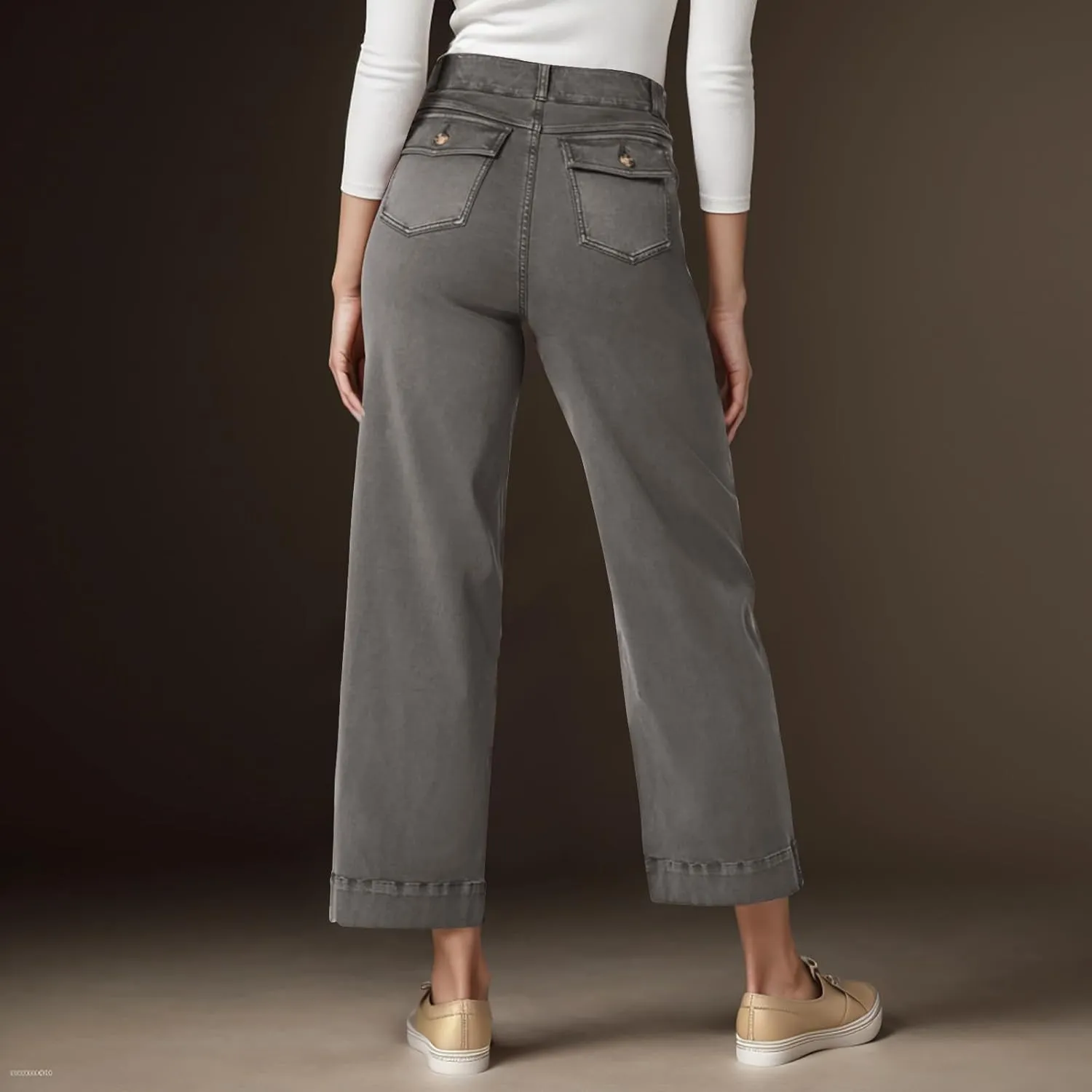 Stretch Twill Cropped Wide Leg Pant Women High Waisted Tummy Control Crop Jeans Casual Loose Straight Leg Chino Pants