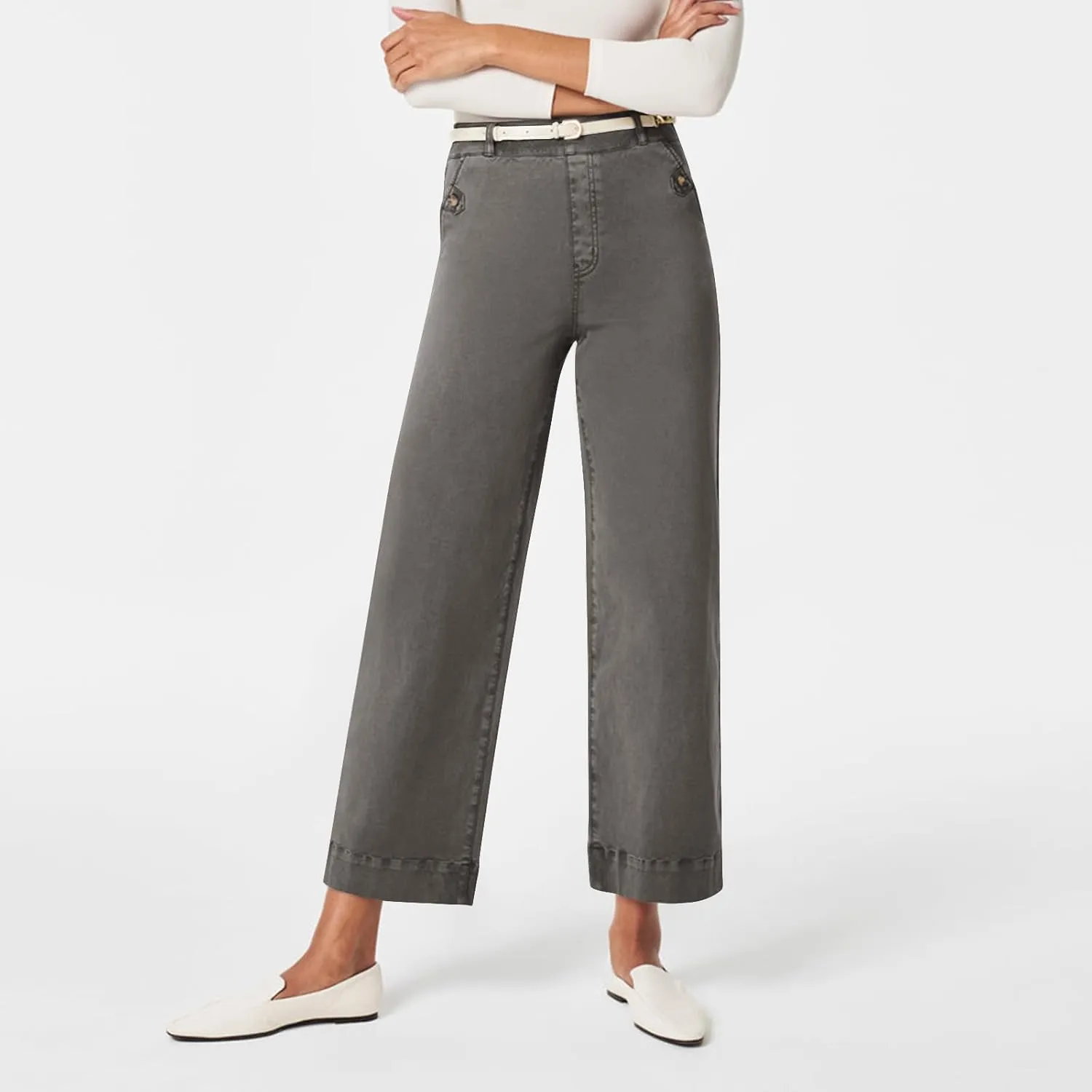Stretch Twill Cropped Wide Leg Pant Women High Waisted Tummy Control Crop Jeans Casual Loose Straight Leg Chino Pants