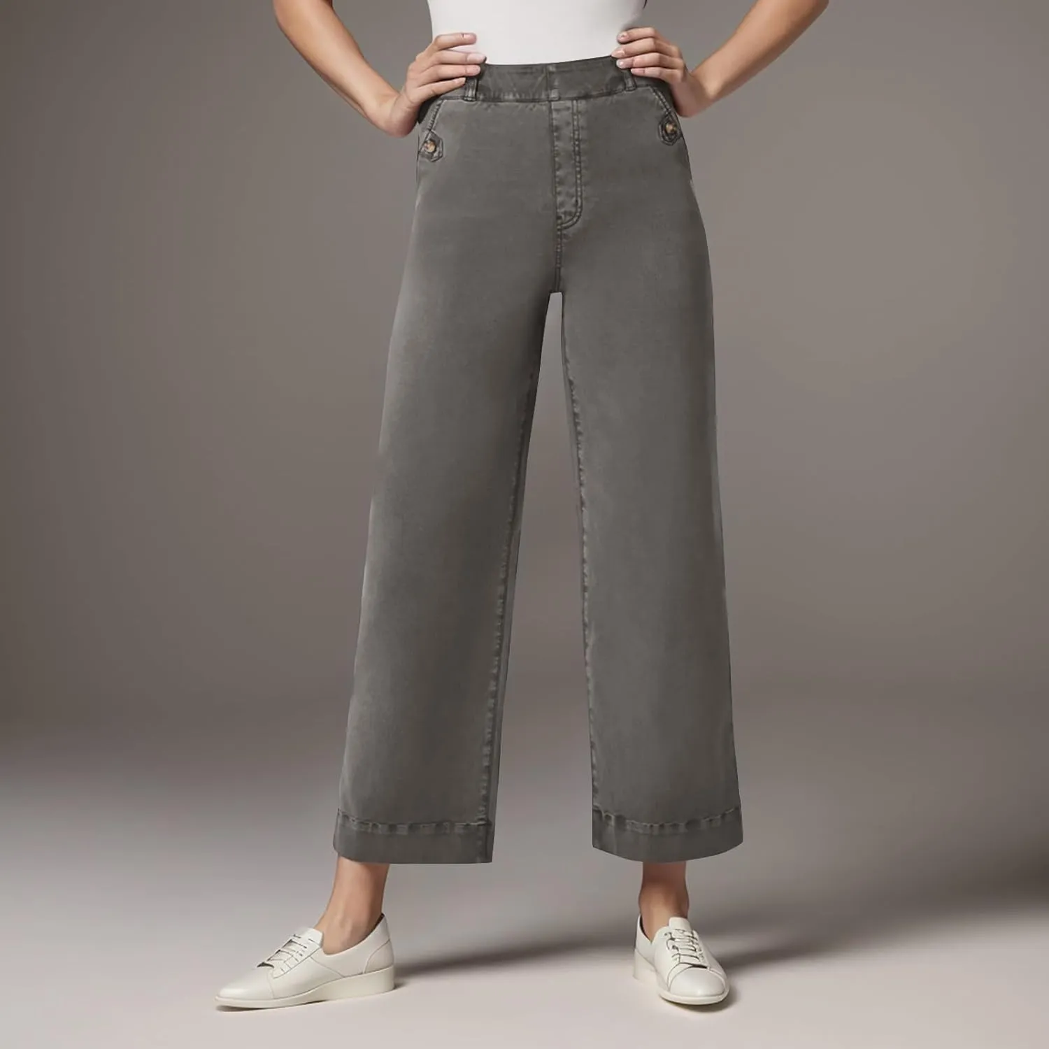 Stretch Twill Cropped Wide Leg Pant Women High Waisted Tummy Control Crop Jeans Casual Loose Straight Leg Chino Pants