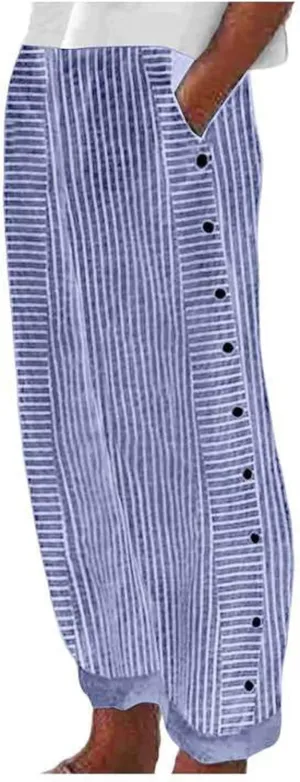 Striped Linen Pants Women Side Button Elastic Waist Capri Gauze Pants Lightweight Summer Beach Cropped Trousers 2025
