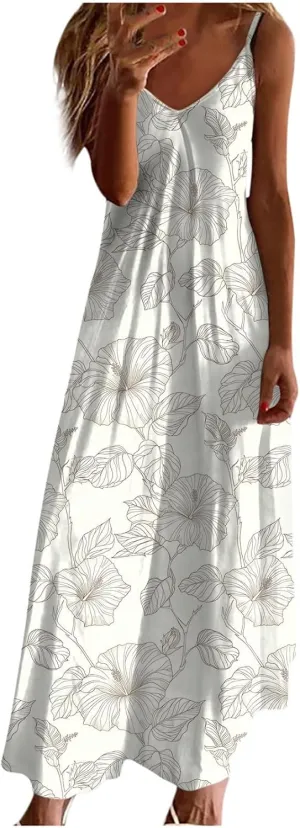 Summer Bohemian Dresses for Women 2024 Sexy Floral Slip Dress Trendy V Neck Maxi Dress Casual Summer Beach Vacation Outfits