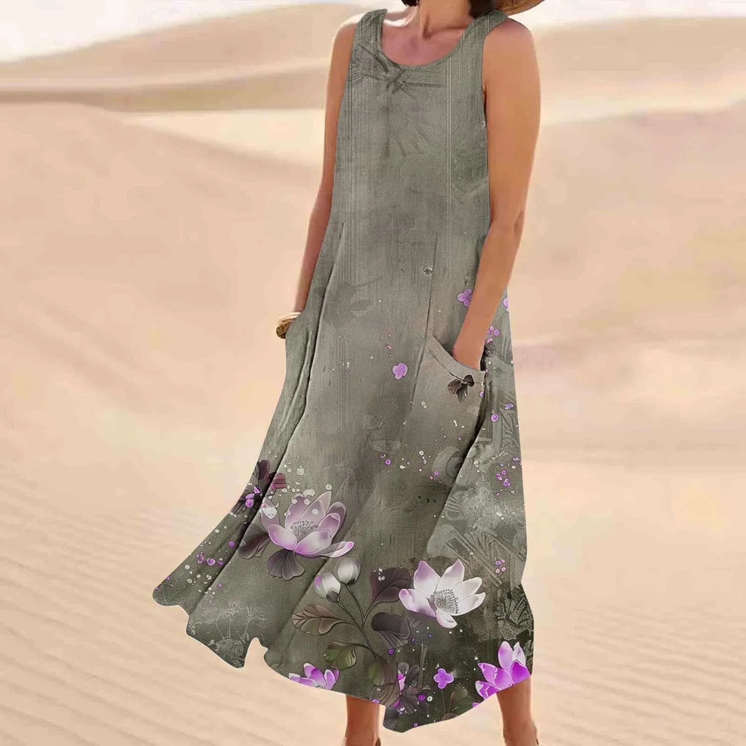 Summer Dresses for Women 2024 Sleeveless Floral Printed Midi Dress Spring Casual Dress Shift Dress Beach Dress