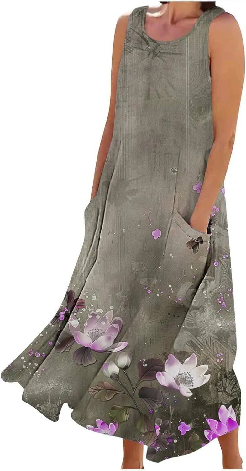 Summer Dresses for Women 2024 Sleeveless Floral Printed Midi Dress Spring Casual Dress Shift Dress Beach Dress