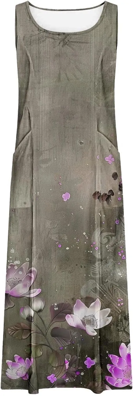 Summer Dresses for Women 2024 Sleeveless Floral Printed Midi Dress Spring Casual Dress Shift Dress Beach Dress