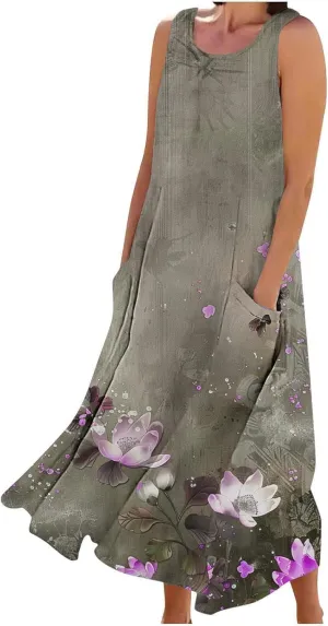 Summer Dresses for Women 2024 Sleeveless Floral Printed Midi Dress Spring Casual Dress Shift Dress Beach Dress