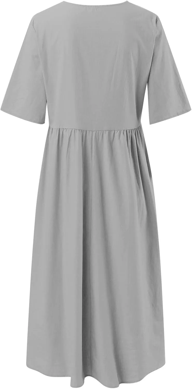 Summer Dresses for Women 2025, Boho Crewneck Solid-Color Midi Tshirt Dress Casual Short Sleeve Summer Beach Dresses
