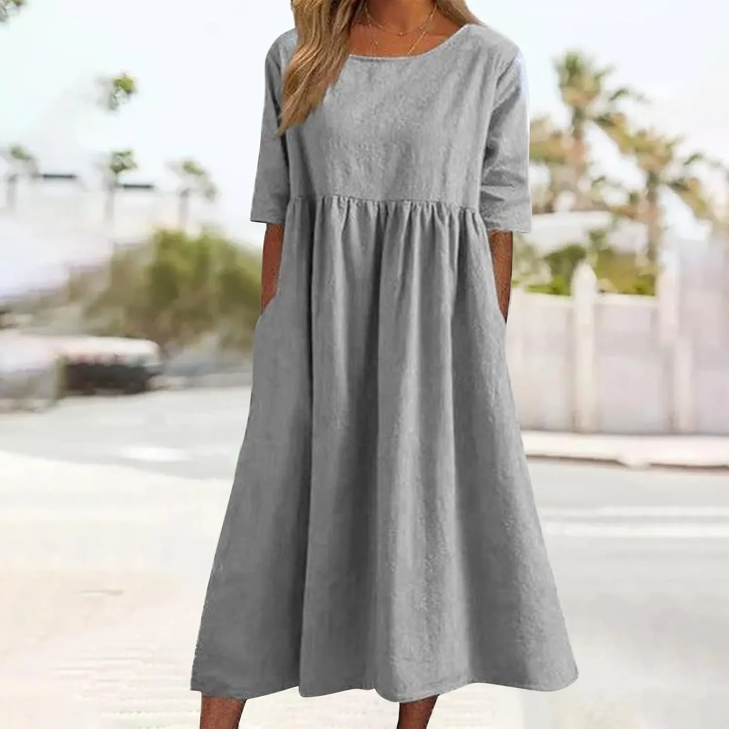 Summer Dresses for Women 2025, Boho Crewneck Solid-Color Midi Tshirt Dress Casual Short Sleeve Summer Beach Dresses