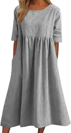 Summer Dresses for Women 2025, Boho Crewneck Solid-Color Midi Tshirt Dress Casual Short Sleeve Summer Beach Dresses