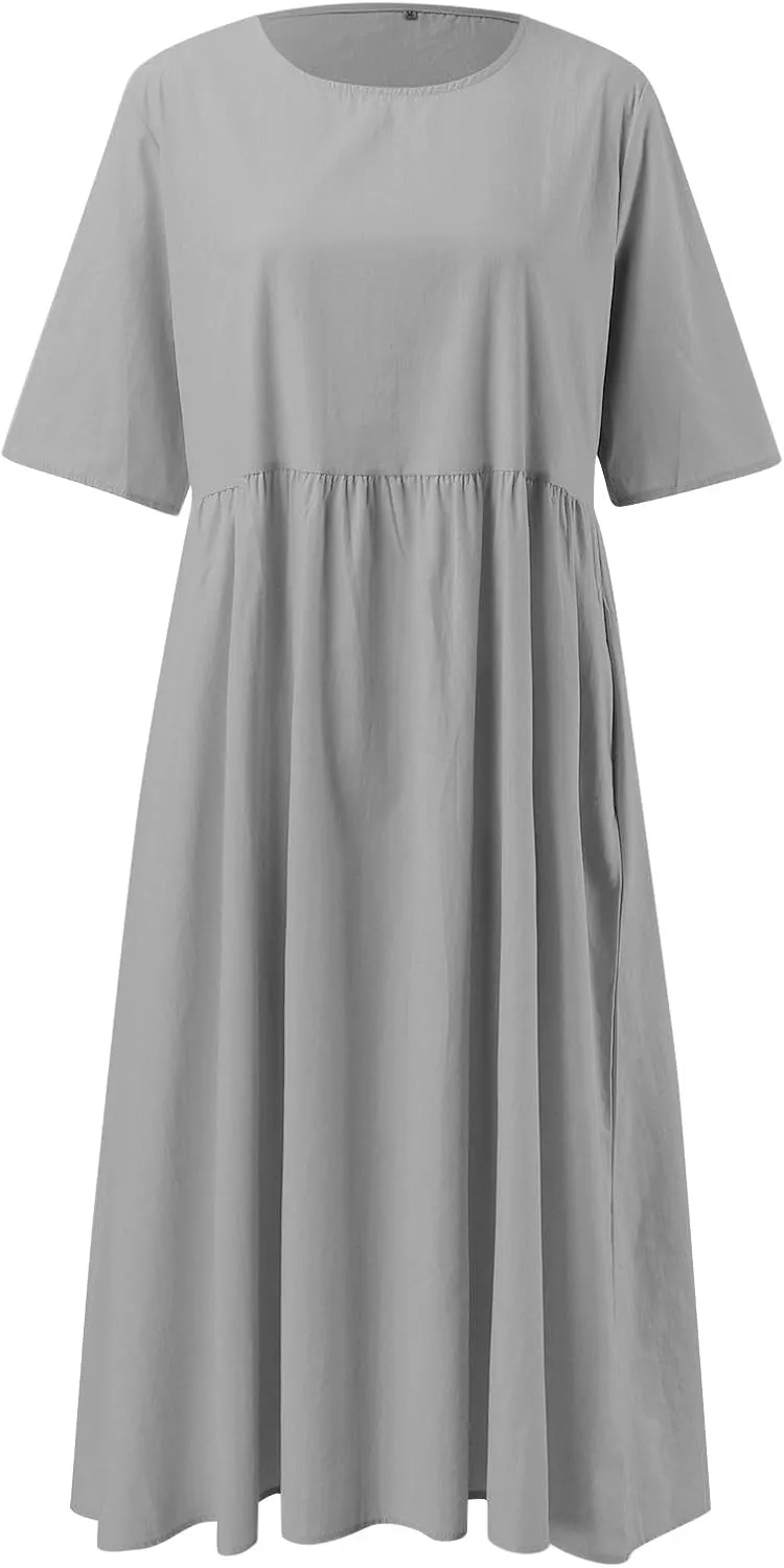 Summer Dresses for Women 2025, Boho Crewneck Solid-Color Midi Tshirt Dress Casual Short Sleeve Summer Beach Dresses