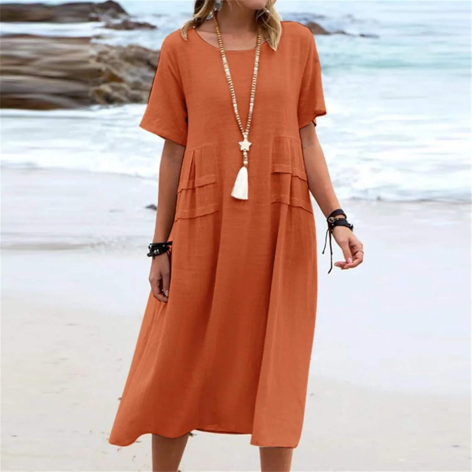 Summer Dresses for Women 2025 Cotton Linen Casual Midi Dress Short Sleeve Plus Size Beach Dress Flowy Travel Dresses