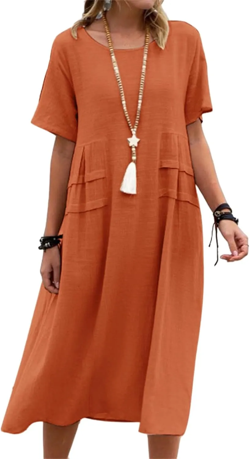 Summer Dresses for Women 2025 Cotton Linen Casual Midi Dress Short Sleeve Plus Size Beach Dress Flowy Travel Dresses
