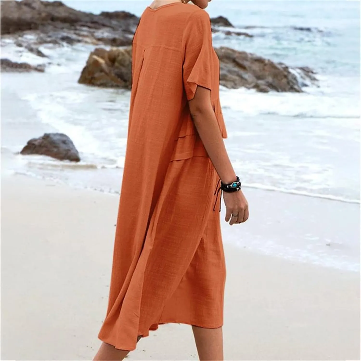 Summer Dresses for Women 2025 Cotton Linen Casual Midi Dress Short Sleeve Plus Size Beach Dress Flowy Travel Dresses