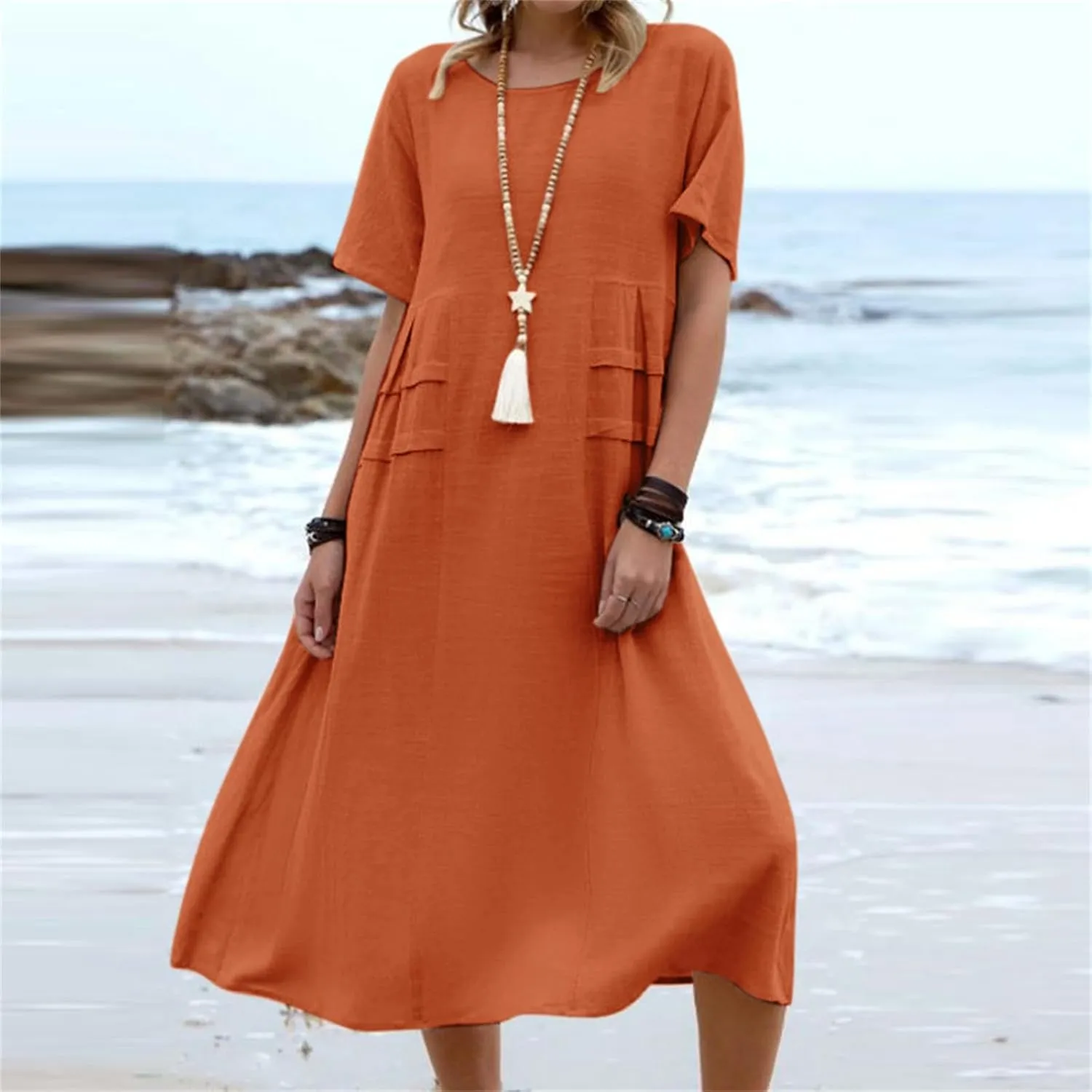 Summer Dresses for Women 2025 Cotton Linen Casual Midi Dress Short Sleeve Plus Size Beach Dress Flowy Travel Dresses