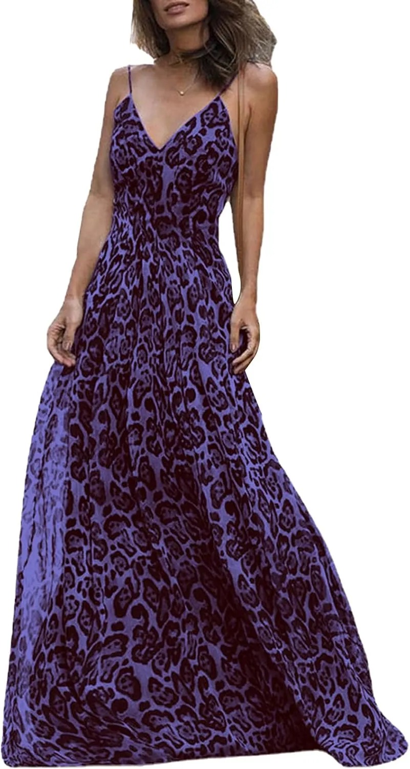 Summer Dresses for Women 2025 Elegant Leopard Maxi Dresses Spaghetti Strap V Neck Dress Summer Backless Sexy Dress