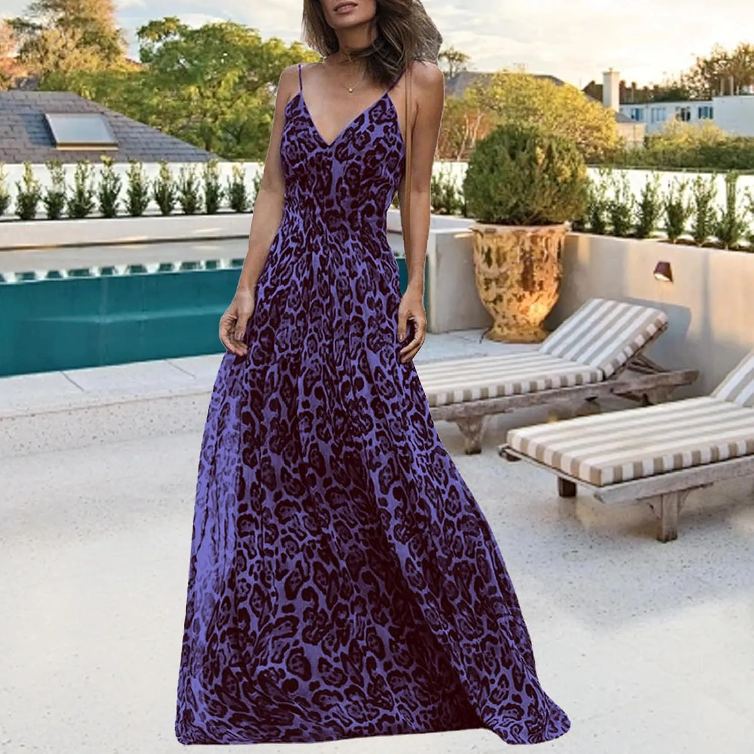 Summer Dresses for Women 2025 Elegant Leopard Maxi Dresses Spaghetti Strap V Neck Dress Summer Backless Sexy Dress