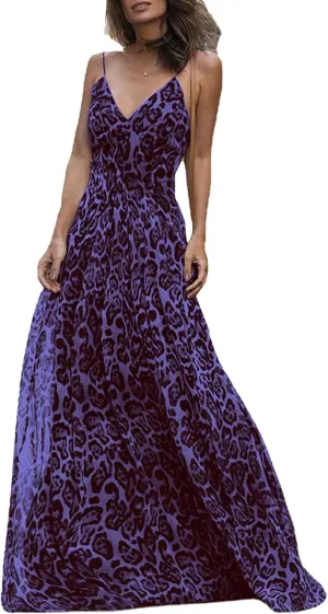 Summer Dresses for Women 2025 Elegant Leopard Maxi Dresses Spaghetti Strap V Neck Dress Summer Backless Sexy Dress
