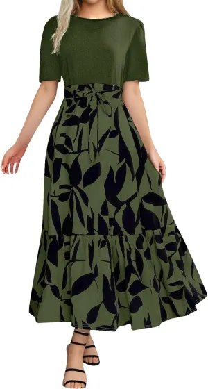 Summer Dresses for Women 2025 Floral Print Wrap Short Sleeve Maxi Sundress Patchwork Ruffle A Line Teacher Dress