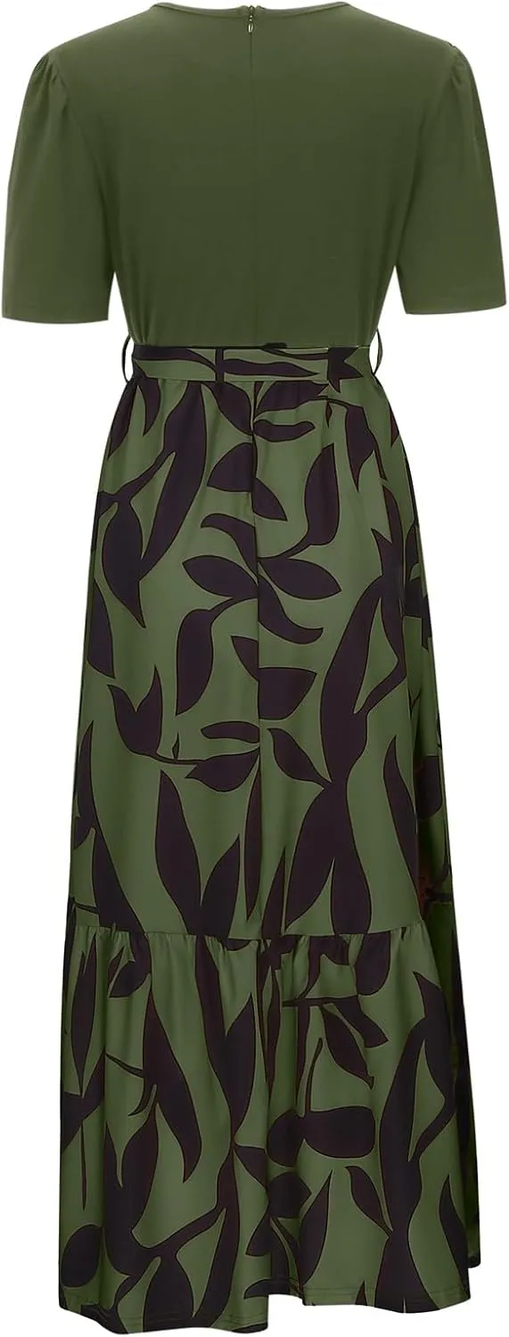 Summer Dresses for Women 2025 Floral Print Wrap Short Sleeve Maxi Sundress Patchwork Ruffle A Line Teacher Dress