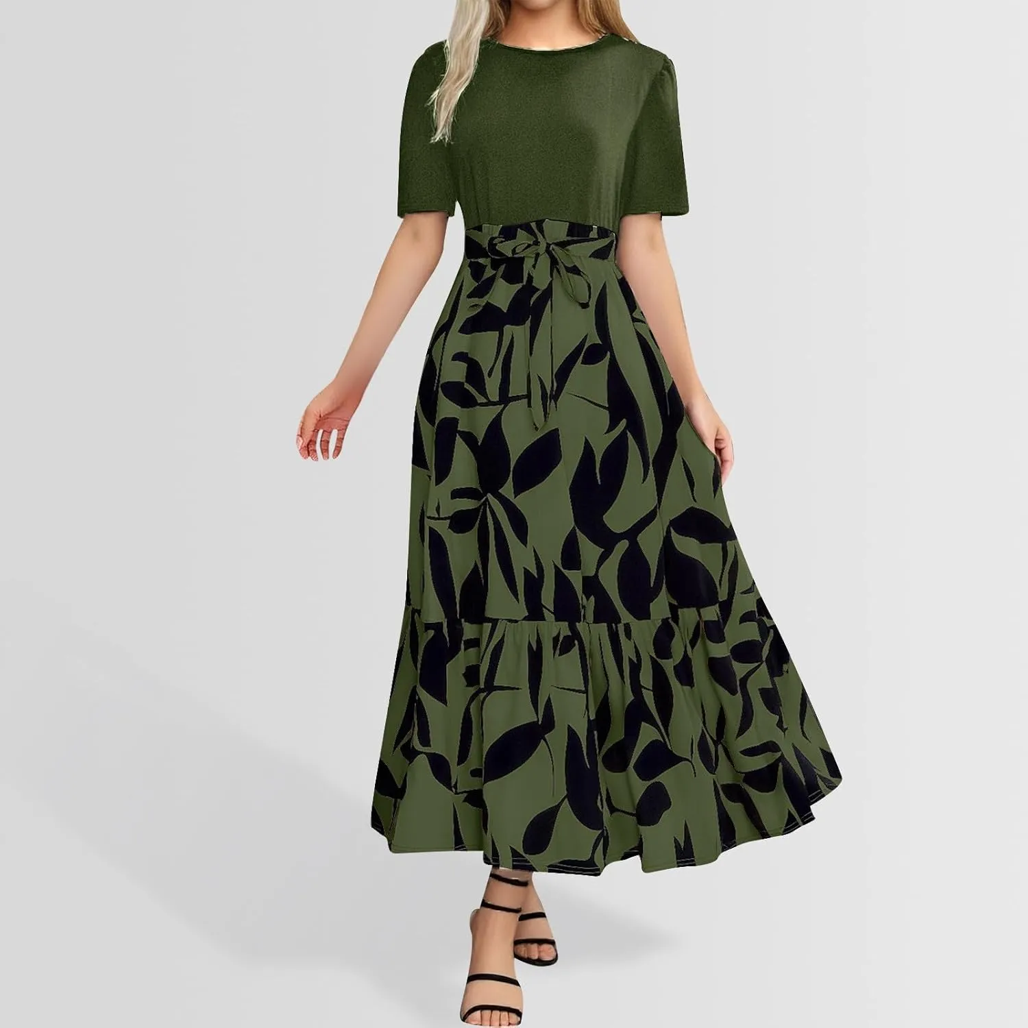 Summer Dresses for Women 2025 Floral Print Wrap Short Sleeve Maxi Sundress Patchwork Ruffle A Line Teacher Dress