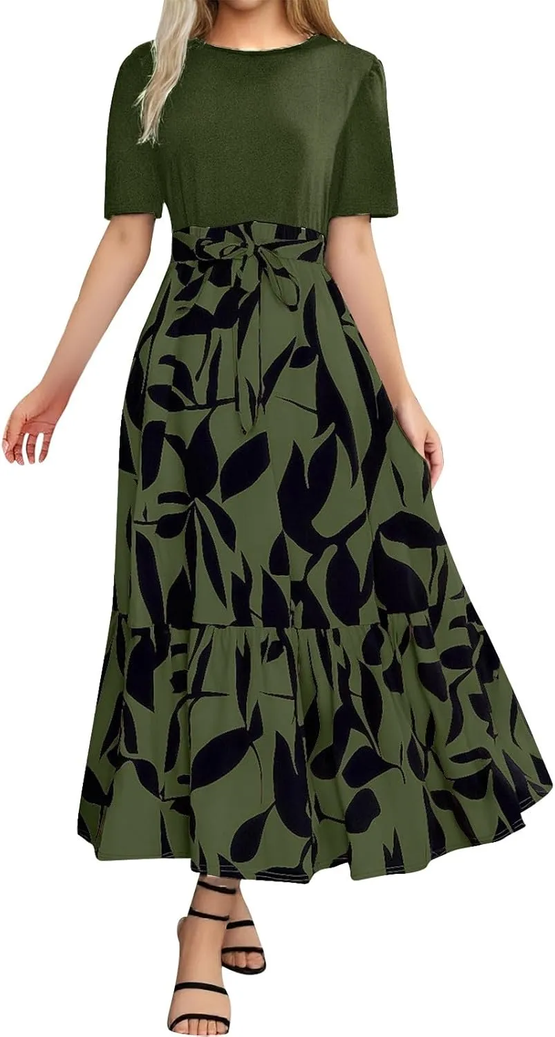 Summer Dresses for Women 2025 Floral Print Wrap Short Sleeve Maxi Sundress Patchwork Ruffle A Line Teacher Dress