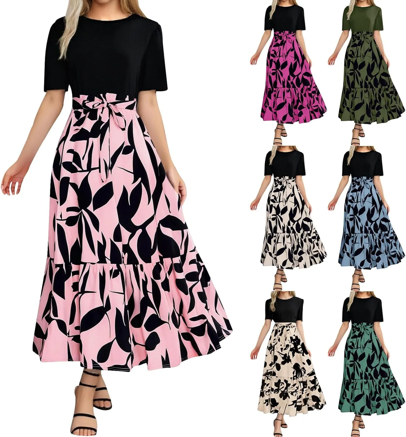 Summer Dresses for Women 2025 Floral Print Wrap Short Sleeve Maxi Sundress Patchwork Ruffle A Line Teacher Dress