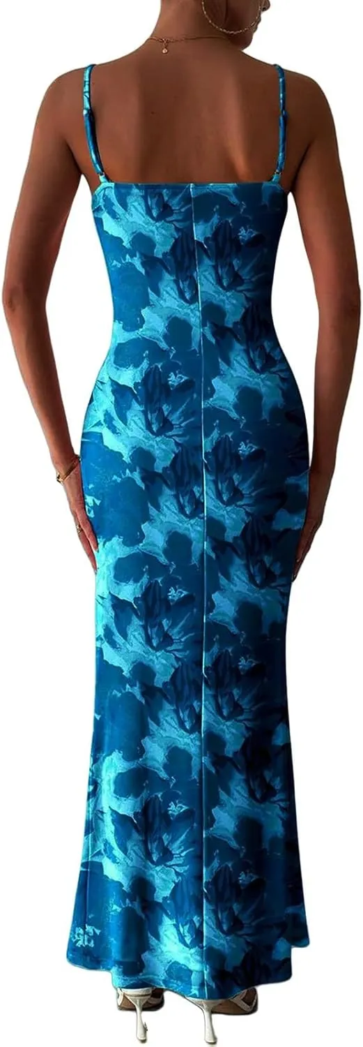 Summer Dresses for Women 2025 Floral Spaghetti Strap Maxi Dress Fashion Dressy Bodycon Sundress Wedding Guest Dress