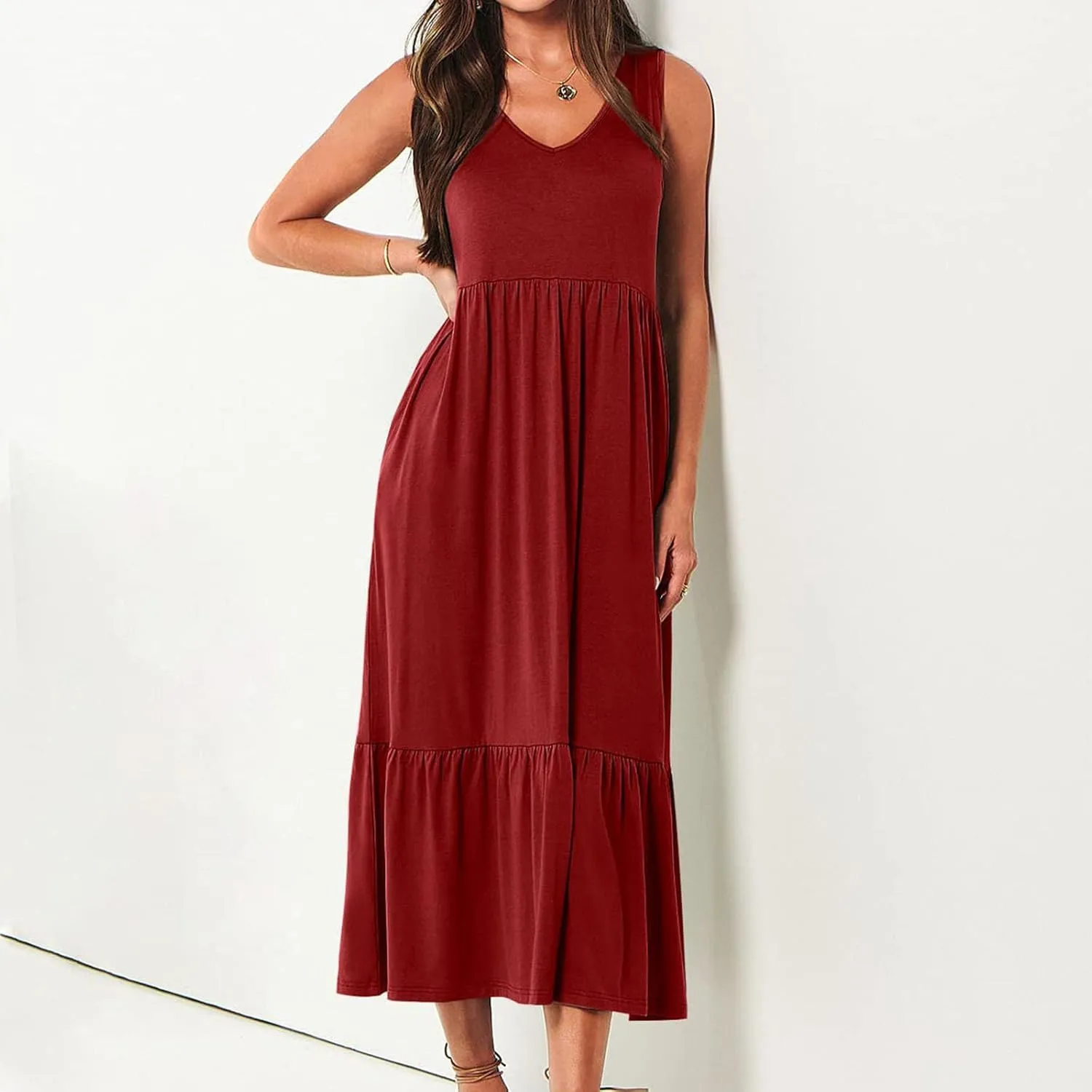 Summer Dresses for Women 2025 Sleeveless V Neck Sundress Ruffle Tiered Beach Vacation Dress The Waist Dresses