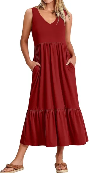 Summer Dresses for Women 2025 Sleeveless V Neck Sundress Ruffle Tiered Beach Vacation Dress The Waist Dresses