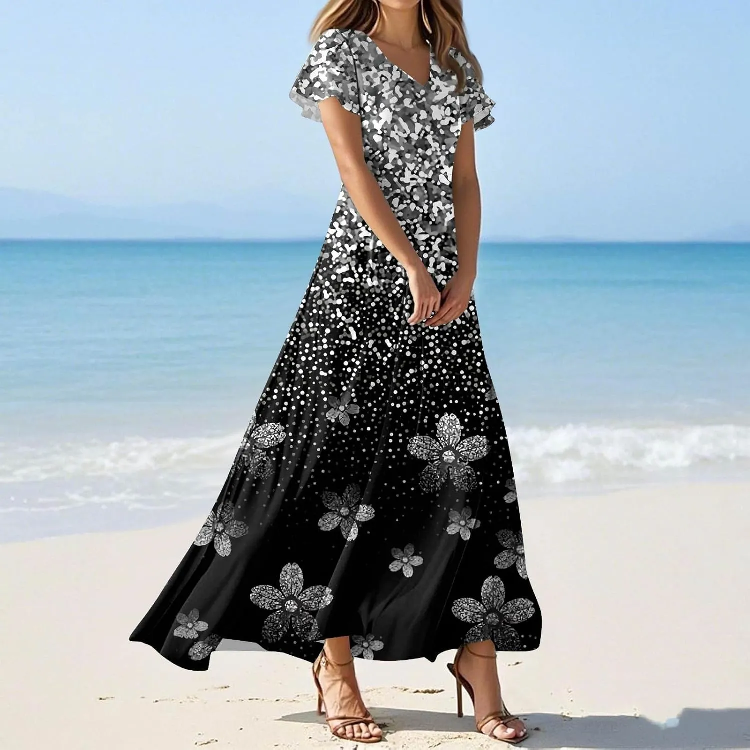 Summer Dresses for Women 2025 Trendy Floral Short Sleeve Maxi Dress V Neck Flowy Casual Work Dress Church Wedding Guest