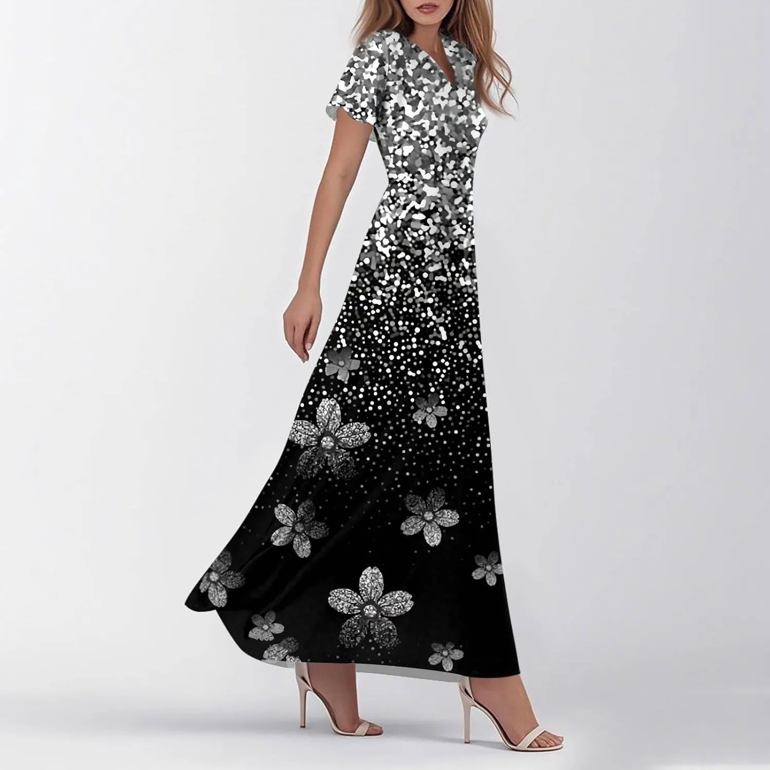 Summer Dresses for Women 2025 Trendy Floral Short Sleeve Maxi Dress V Neck Flowy Casual Work Dress Church Wedding Guest