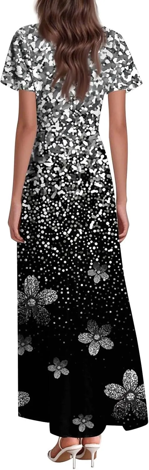 Summer Dresses for Women 2025 Trendy Floral Short Sleeve Maxi Dress V Neck Flowy Casual Work Dress Church Wedding Guest