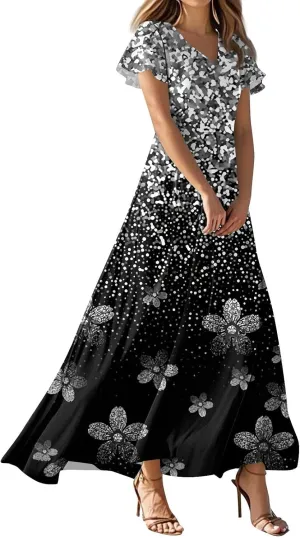 Summer Dresses for Women 2025 Trendy Floral Short Sleeve Maxi Dress V Neck Flowy Casual Work Dress Church Wedding Guest